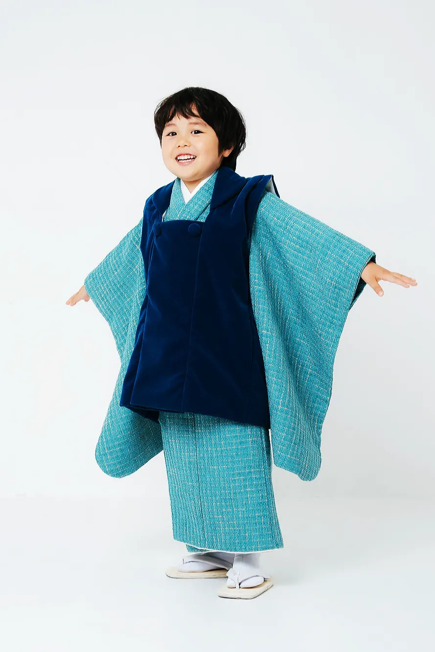 七五三 着物レンタル 3歳 男の子｜ツイードグリーン×青ベロア被布