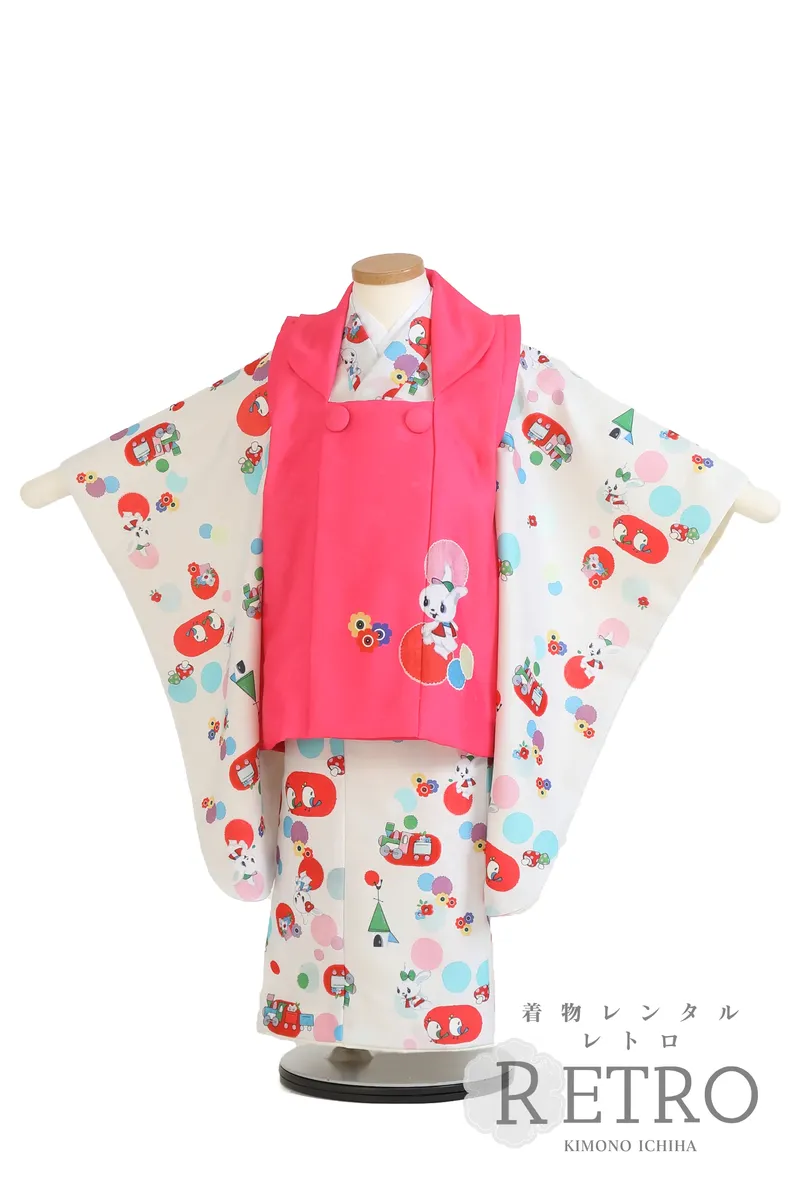 七五三 着物レンタル 3歳 女の子｜被布 うさぎ白色 にショッキング 