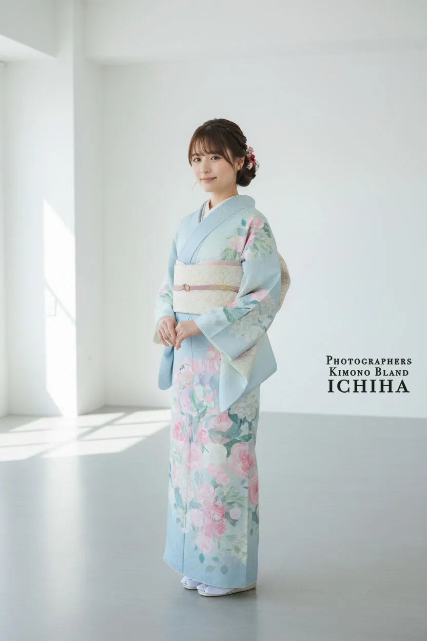 お宮参りや七五三、入学式の母親向き訪問着レンタル、ガーデン柄白色