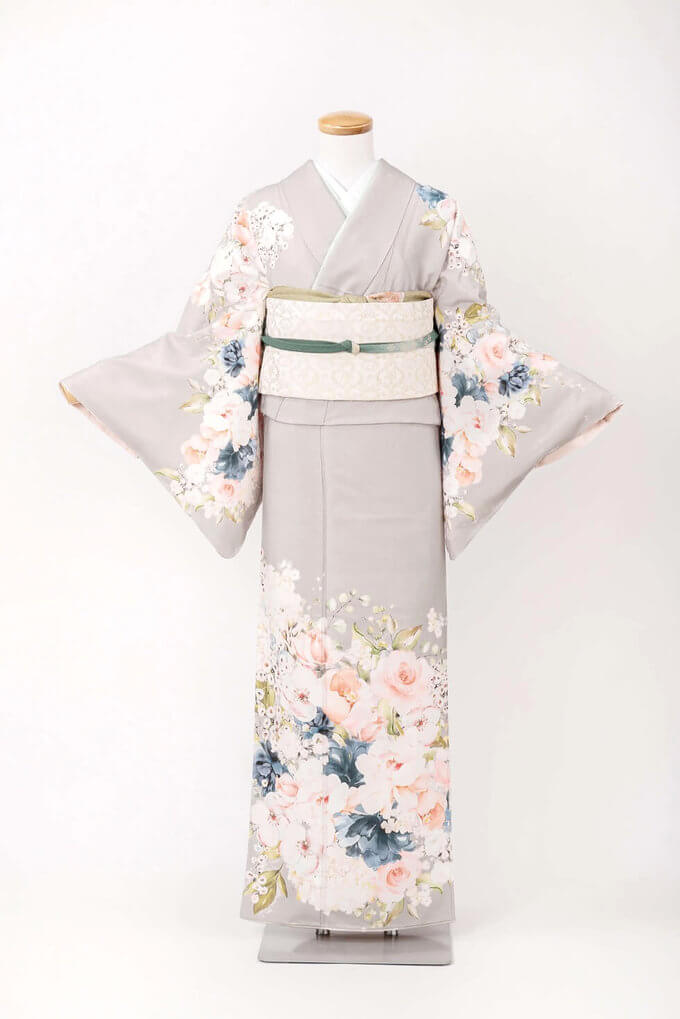 七五三、入学式の母親向きで大人気の訪問着レンタル、ローズ柄グレー 